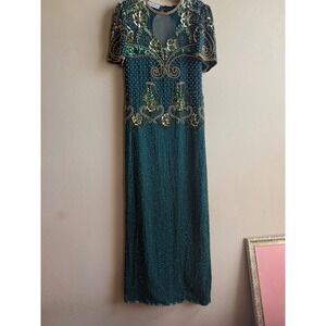 80/90s Laurence Kazar green and‎ gold embellished beaded gown M